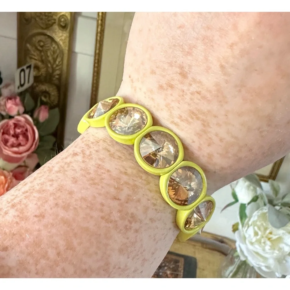 Yellow Big Crystal Elastic Enamel Stretch Bracelet, NEW
